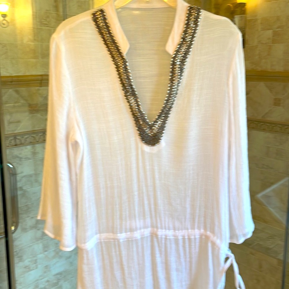 NWOT Coverup. White gauze with beaded neckline